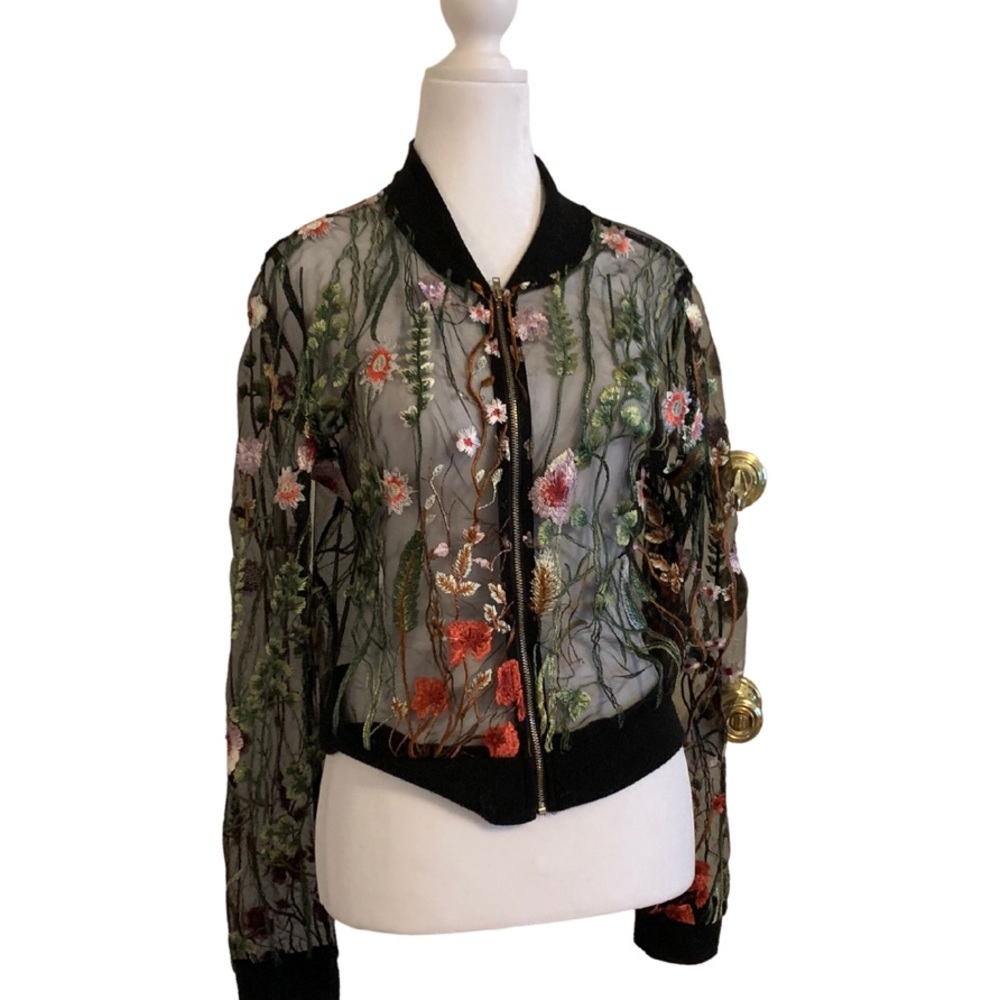 Black Mesh Floral Embroidered Jacket by Fate